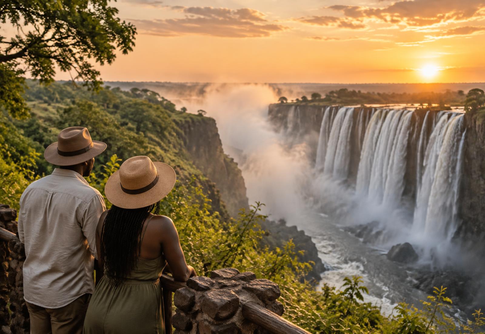 Travelers overlooking Victoria Falls at golden hour