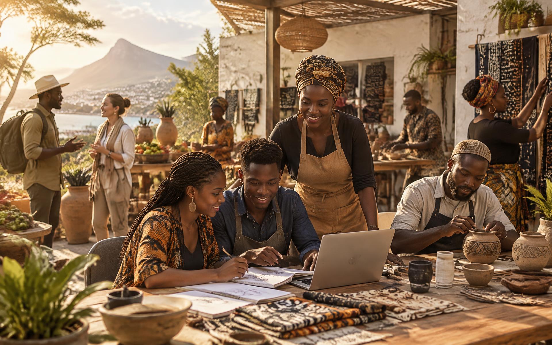 Women and men artisans, young people and an entrepreneur working together in a community workshop, with a Two Oceans traveler learning alongside a local guide